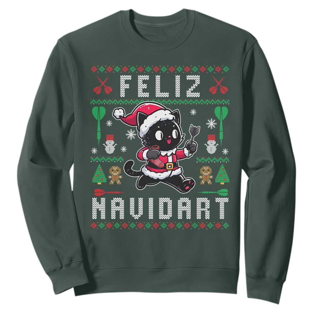 Santa Cat Feliz Navidart Sweatshirt Funny Dartist Ugly Christmas Gift TS12 Dark Forest Green Print Your Wear