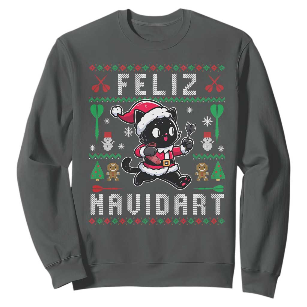 Santa Cat Feliz Navidart Sweatshirt Funny Dartist Ugly Christmas Gift TS12 Dark Heather Print Your Wear