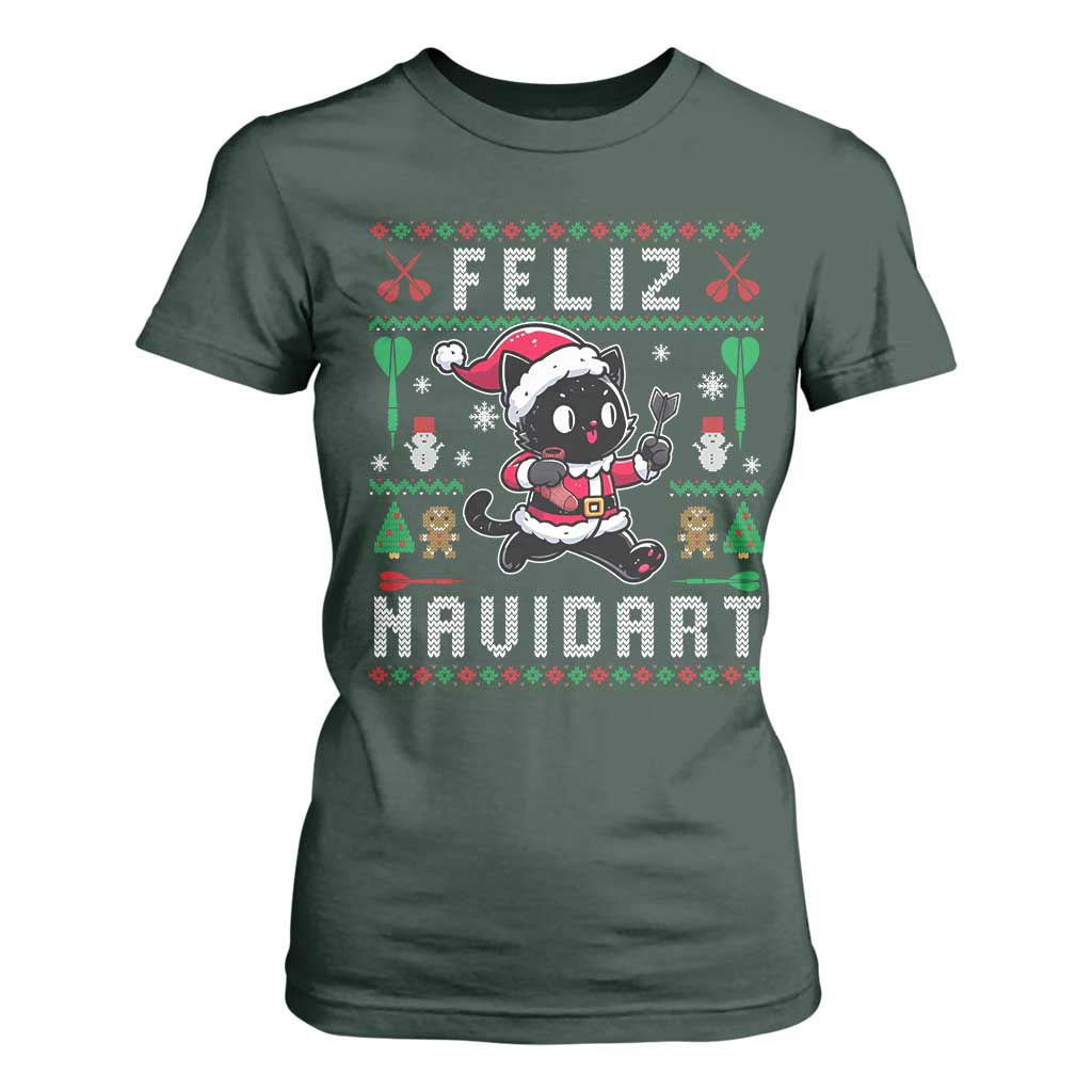Santa Cat Feliz Navidart T Shirt For Women Funny Dartist Ugly Christmas Gift TS12 Dark Forest Green Print Your Wear