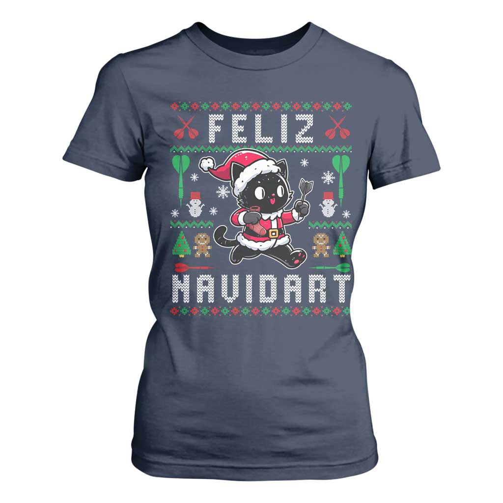 Santa Cat Feliz Navidart T Shirt For Women Funny Dartist Ugly Christmas Gift TS12 Navy Print Your Wear