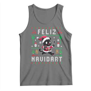 Santa Cat Feliz Navidart Tank Top Funny Dartist Ugly Christmas Gift TS12 Black Heather Print Your Wear