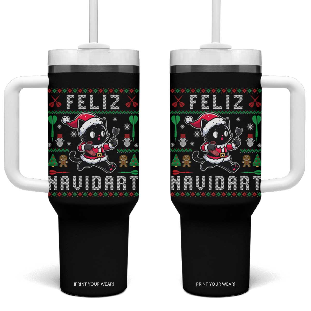 Santa Cat Feliz Navidart Tumbler With Handle Funny Dartist Ugly Christmas Gift TS12 One Size: 40 oz Black Print Your Wear