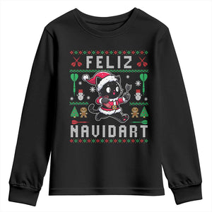 Santa Cat Feliz Navidart Youth Sweatshirt Funny Dartist Ugly Christmas Gift TS12 Black Print Your Wear