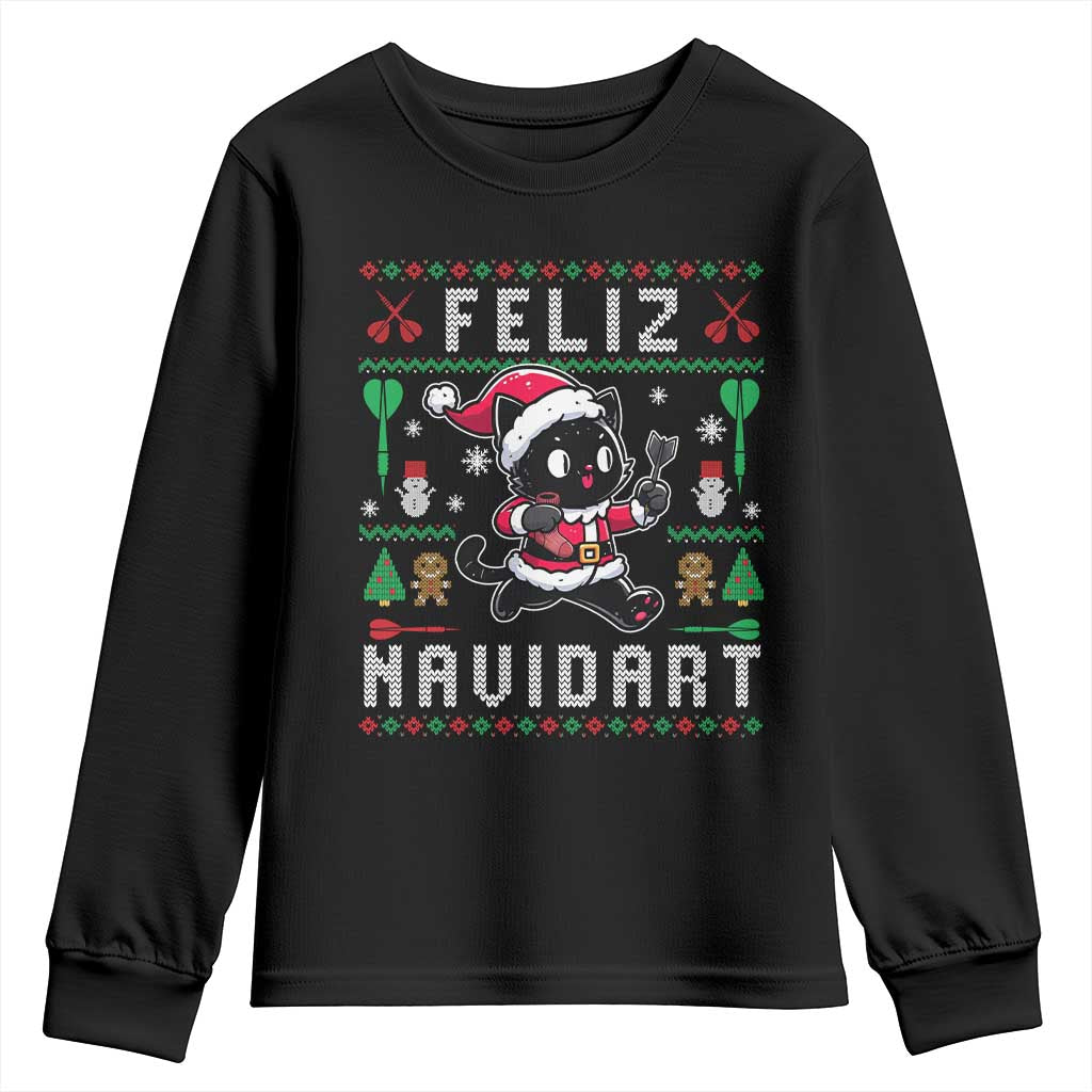 Santa Cat Feliz Navidart Youth Sweatshirt Funny Dartist Ugly Christmas Gift TS12 Black Print Your Wear
