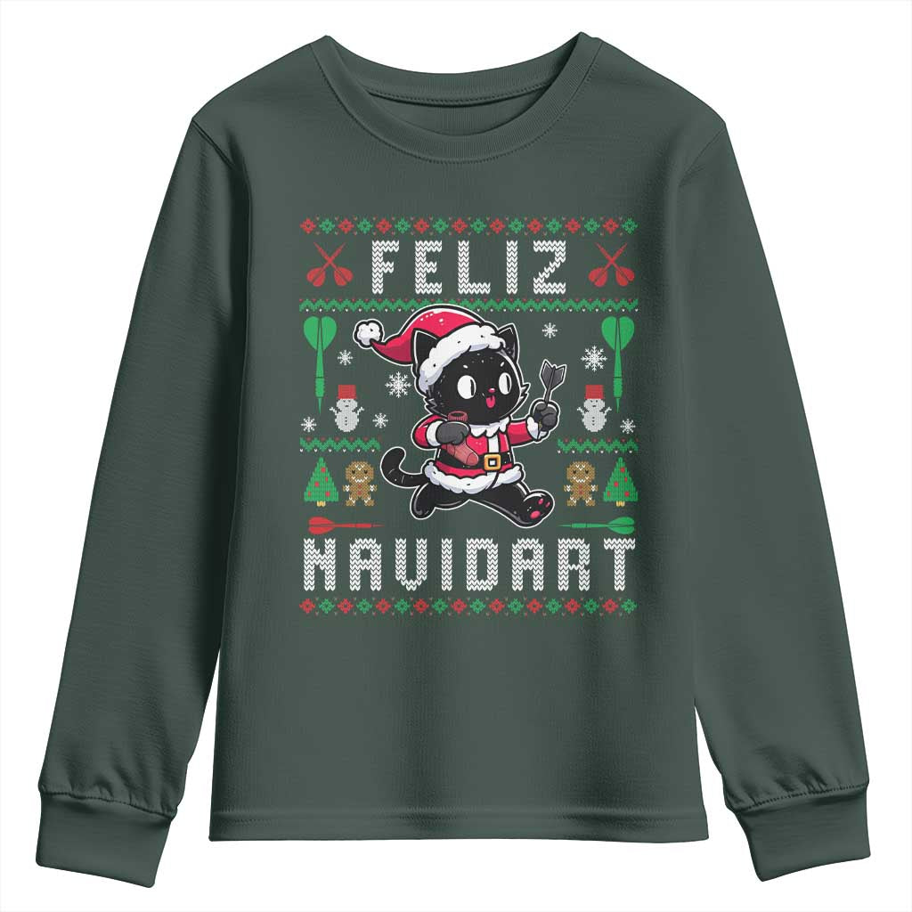Santa Cat Feliz Navidart Youth Sweatshirt Funny Dartist Ugly Christmas Gift TS12 Dark Forest Green Print Your Wear
