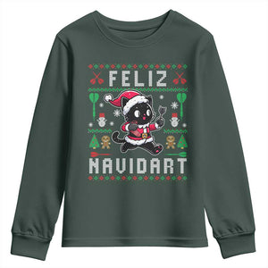 Santa Cat Feliz Navidart Youth Sweatshirt Funny Dartist Ugly Christmas Gift TS12 Dark Forest Green Print Your Wear