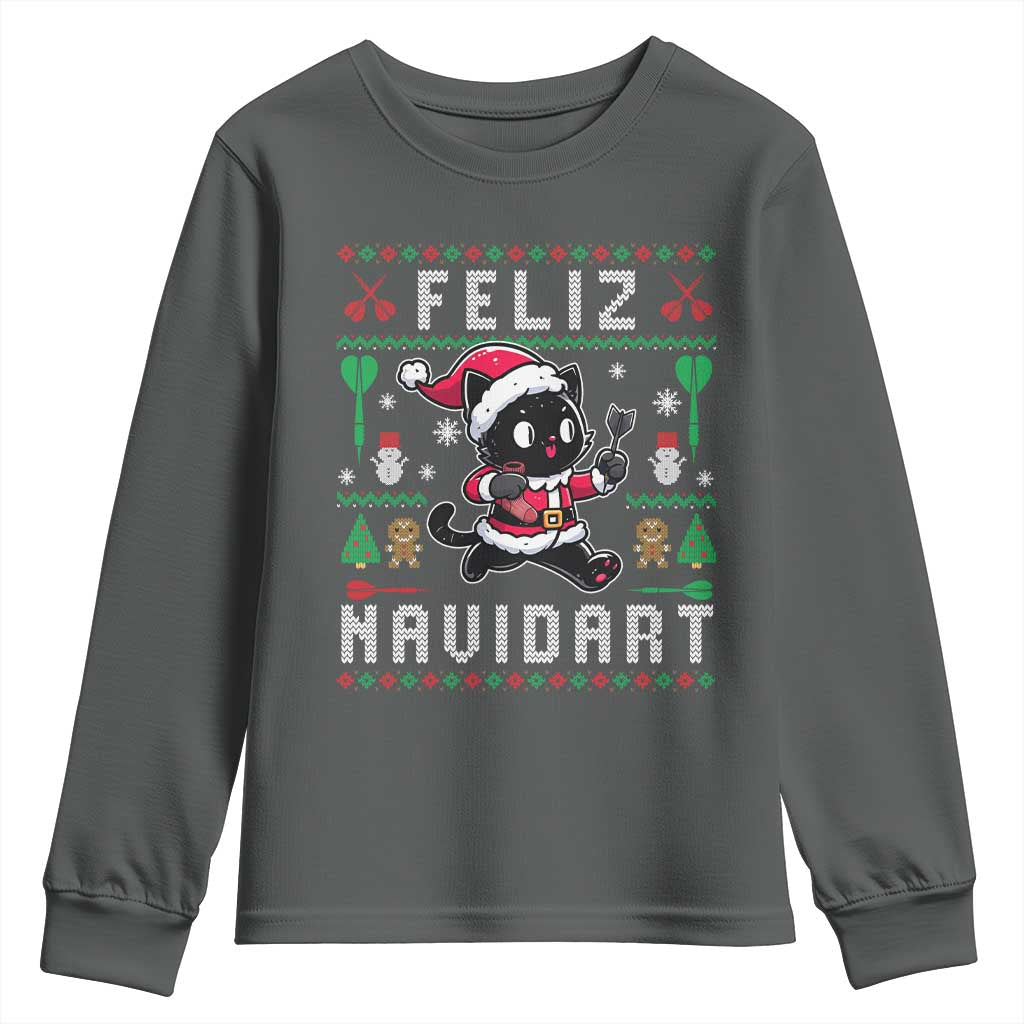 Santa Cat Feliz Navidart Youth Sweatshirt Funny Dartist Ugly Christmas Gift TS12 Dark Heather Print Your Wear