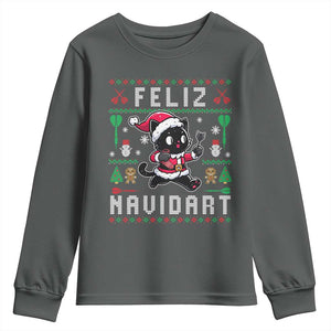 Santa Cat Feliz Navidart Youth Sweatshirt Funny Dartist Ugly Christmas Gift TS12 Dark Heather Print Your Wear
