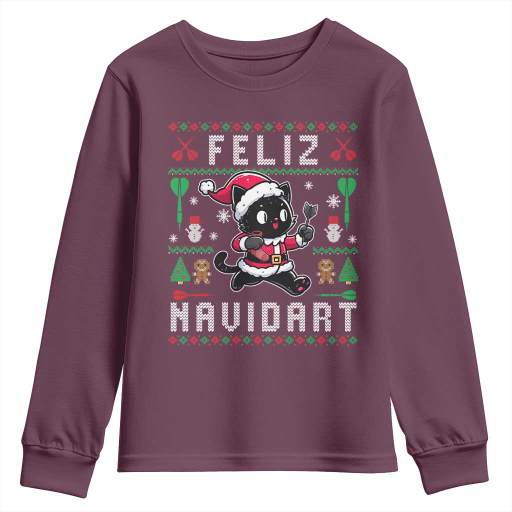 Santa Cat Feliz Navidart Youth Sweatshirt Funny Dartist Ugly Christmas Gift TS12 Maroon Print Your Wear
