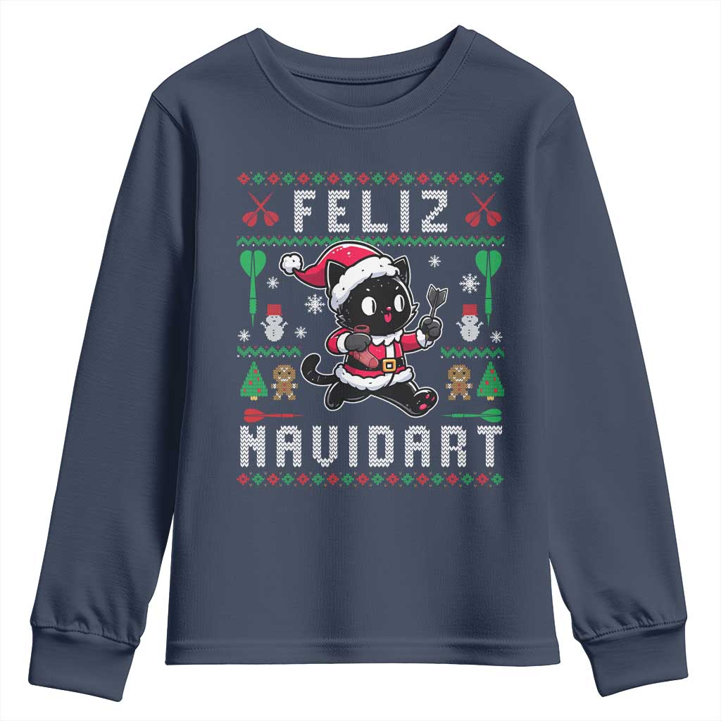Santa Cat Feliz Navidart Youth Sweatshirt Funny Dartist Ugly Christmas Gift TS12 Navy Print Your Wear