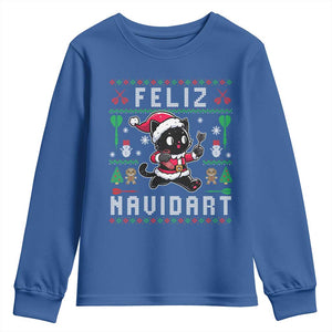 Santa Cat Feliz Navidart Youth Sweatshirt Funny Dartist Ugly Christmas Gift TS12 Royal Blue Print Your Wear