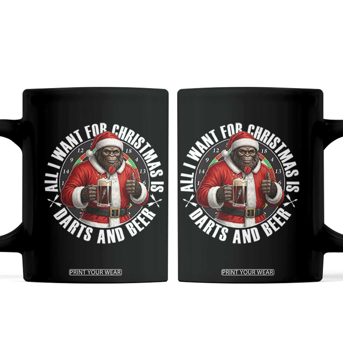 Funny Santa Bigfoot Dartist Beer Lover Coffee Mug Merry Dartsmas Christmas Gift TS12 Black Print Your Wear