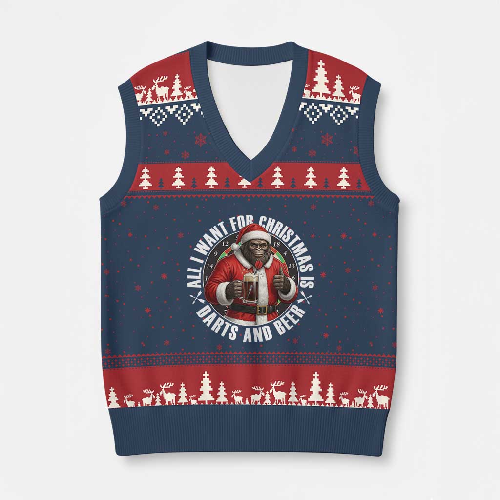 Funny Santa Bigfoot Dartist Beer Lover V-Neck Knit Sweater Vest Merry Dartsmas Xmas Gift TS12 Navy Red Print Your Wear
