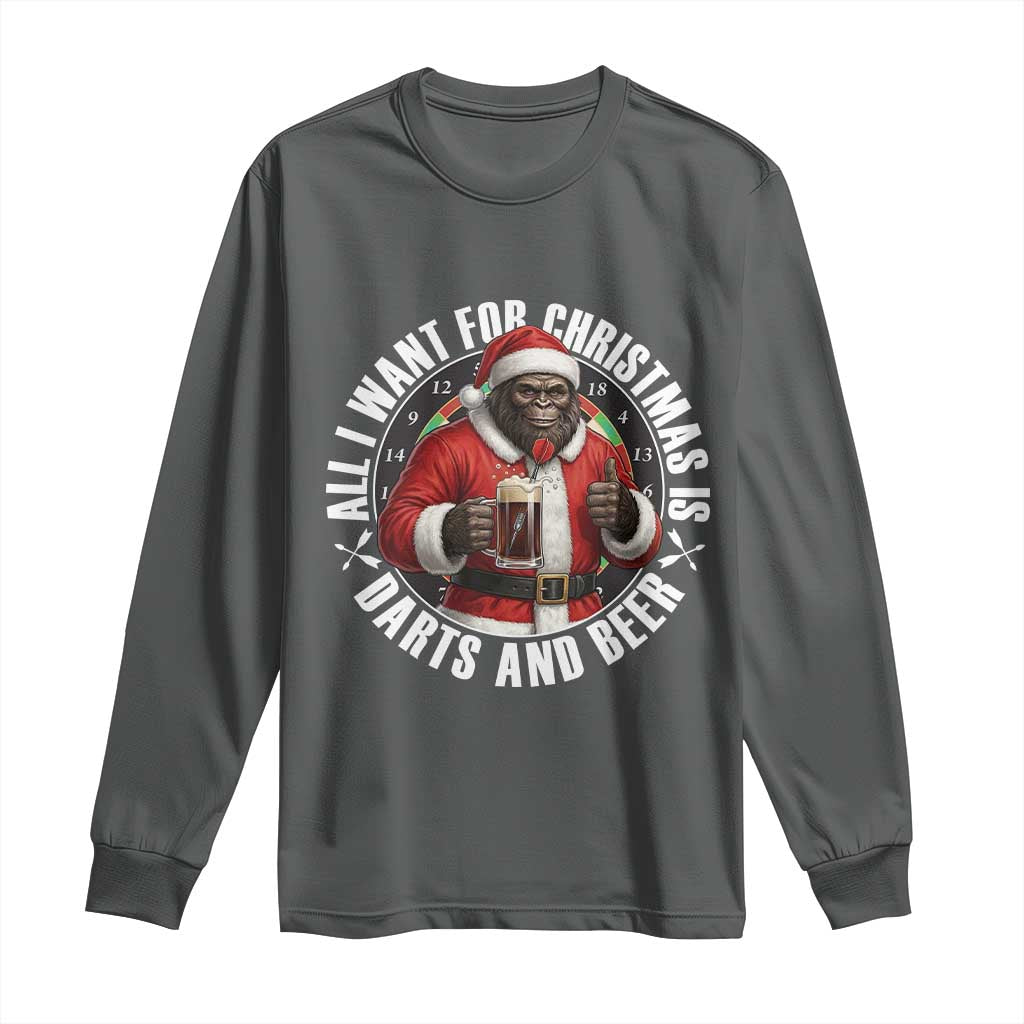 Funny Santa Bigfoot Dartist Beer Lover Long Sleeve Shirt Merry Dartsmas Christmas Gift TS12 Dark Heather Print Your Wear