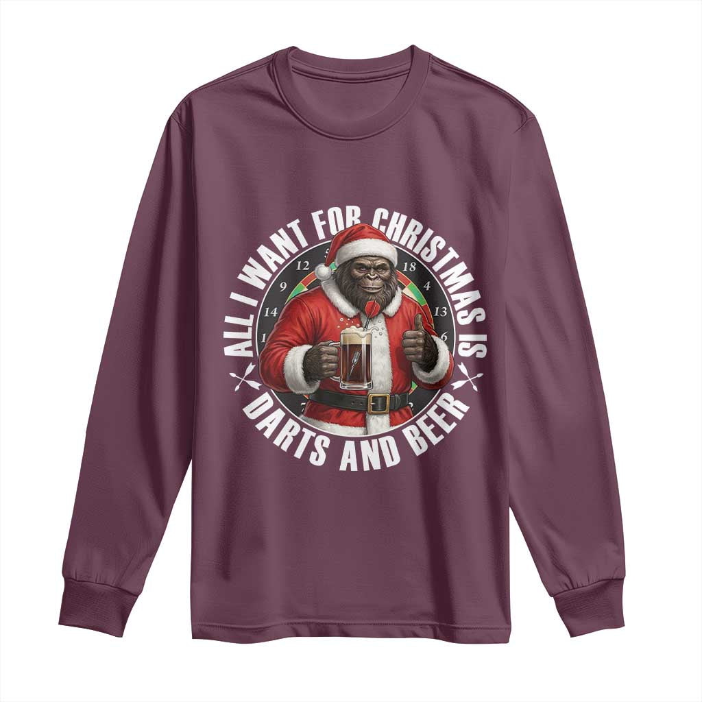 Funny Santa Bigfoot Dartist Beer Lover Long Sleeve Shirt Merry Dartsmas Christmas Gift TS12 Maroon Print Your Wear