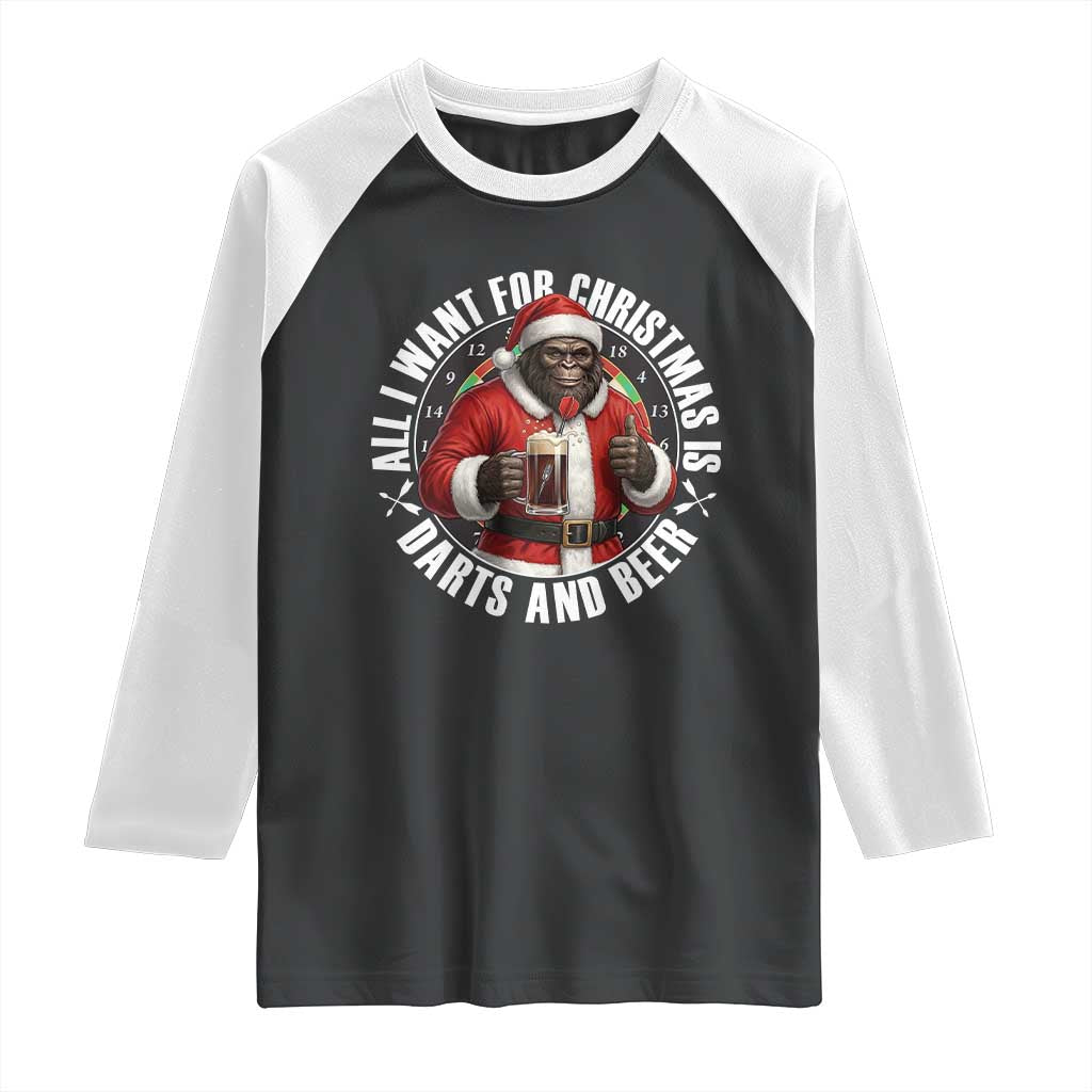Funny Santa Bigfoot Dartist Beer Lover Raglan Shirt Merry Dartsmas Christmas Gift TS12 Black White Print Your Wear