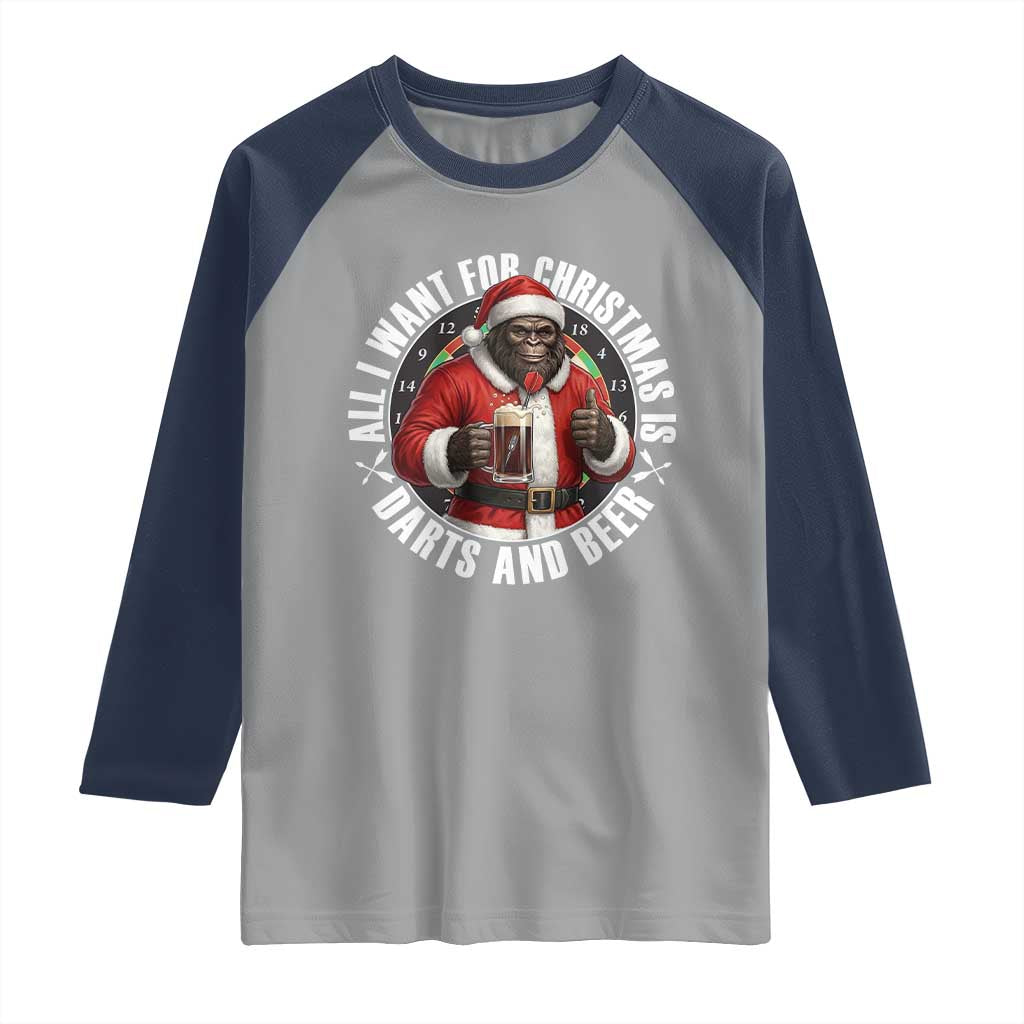 Funny Santa Bigfoot Dartist Beer Lover Raglan Shirt Merry Dartsmas Christmas Gift TS12 Sport Gray Navy Print Your Wear