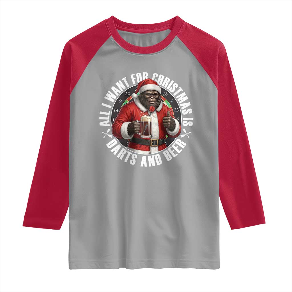 Funny Santa Bigfoot Dartist Beer Lover Raglan Shirt Merry Dartsmas Christmas Gift TS12 Sport Gray Red Print Your Wear
