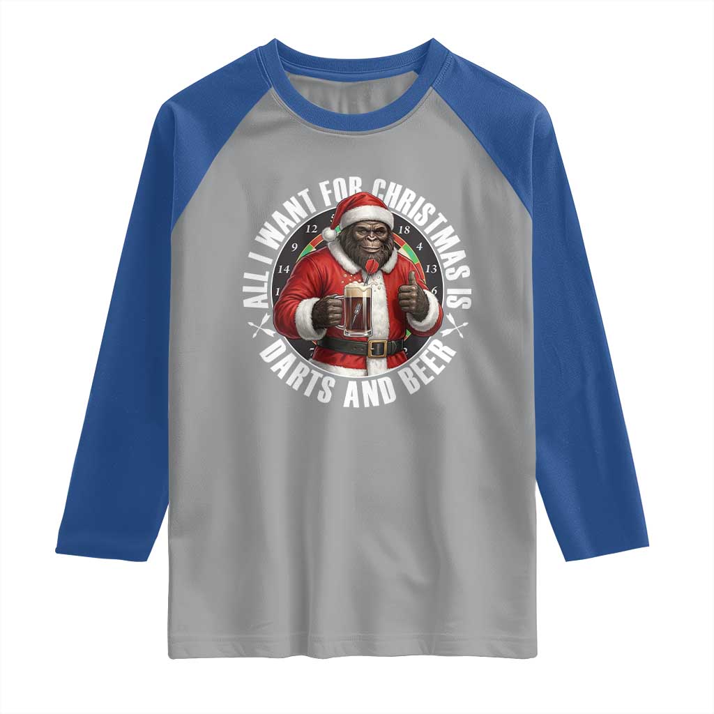 Funny Santa Bigfoot Dartist Beer Lover Raglan Shirt Merry Dartsmas Christmas Gift TS12 Sport Gray Royal Print Your Wear