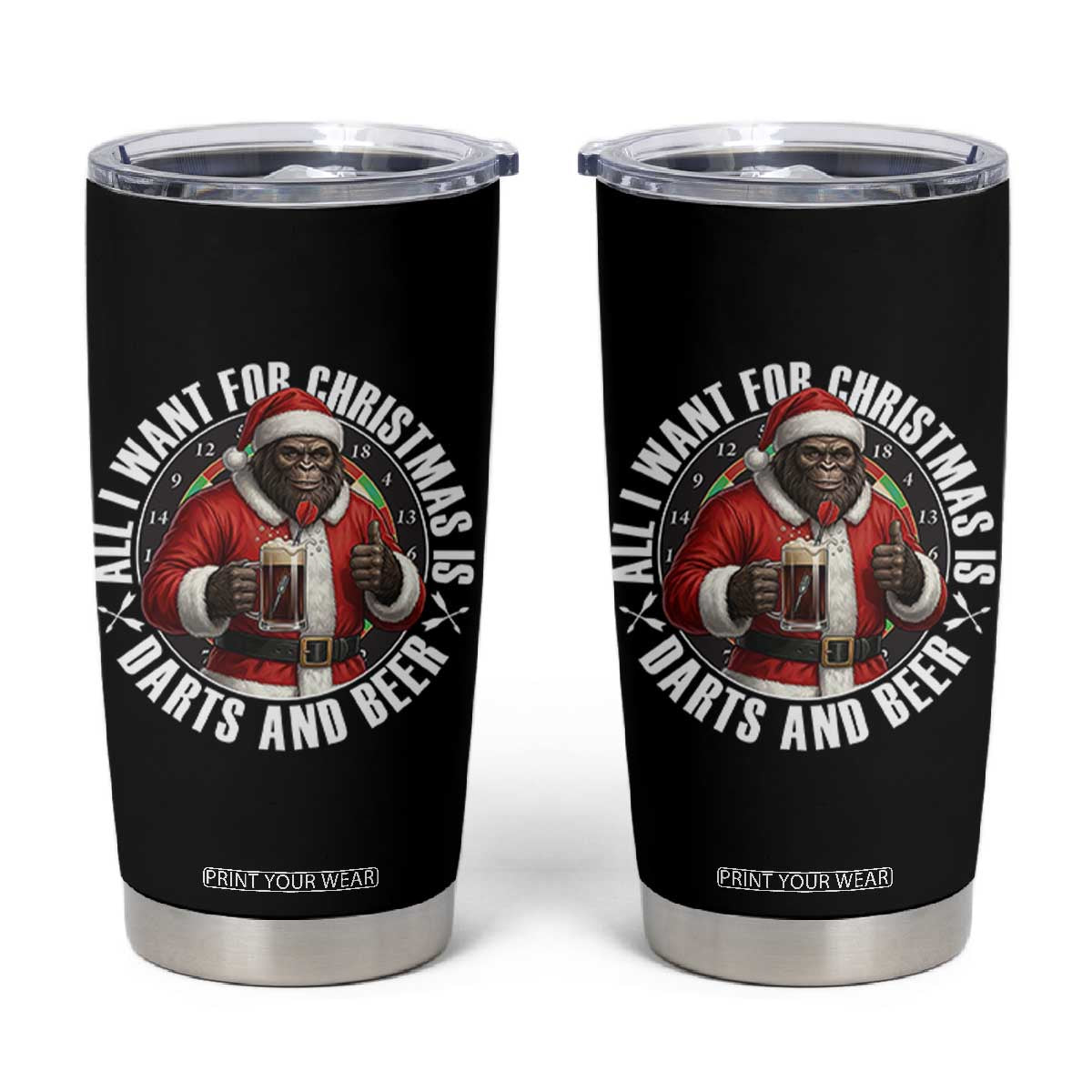 Funny Santa Bigfoot Dartist Beer Lover Tumbler Cup Merry Dartsmas Christmas Gift TS12 Black Print Your Wear