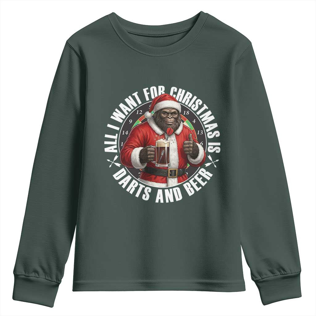 Funny Santa Bigfoot Dartist Beer Lover Youth Sweatshirt Merry Dartsmas Christmas Gift TS12 Dark Forest Green Print Your Wear
