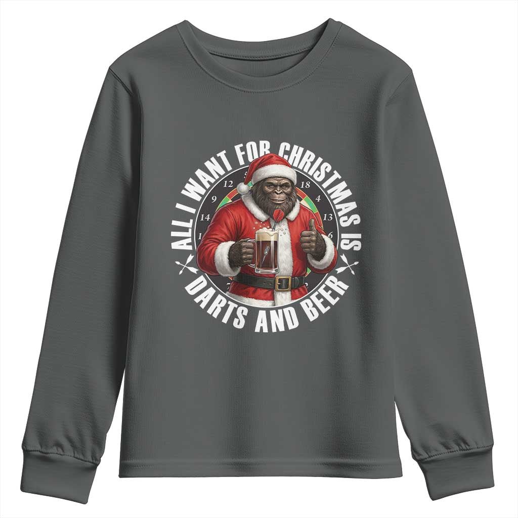 Funny Santa Bigfoot Dartist Beer Lover Youth Sweatshirt Merry Dartsmas Christmas Gift TS12 Dark Heather Print Your Wear
