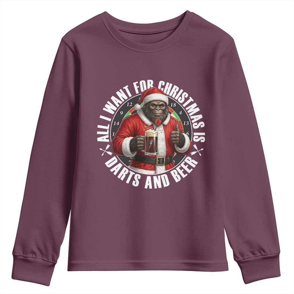 Funny Santa Bigfoot Dartist Beer Lover Youth Sweatshirt Merry Dartsmas Christmas Gift TS12 Maroon Print Your Wear