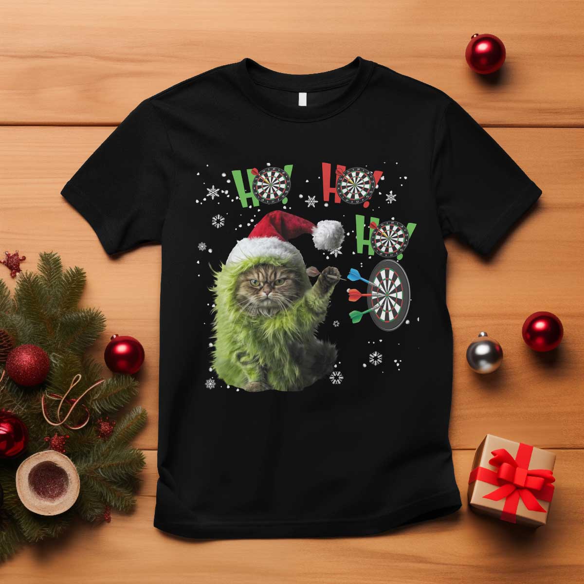 Funny Cat Throwing Dart Ho Ho Ho T Shirt Christmas Gift For Dart Player TS12 Black Print Your Wear