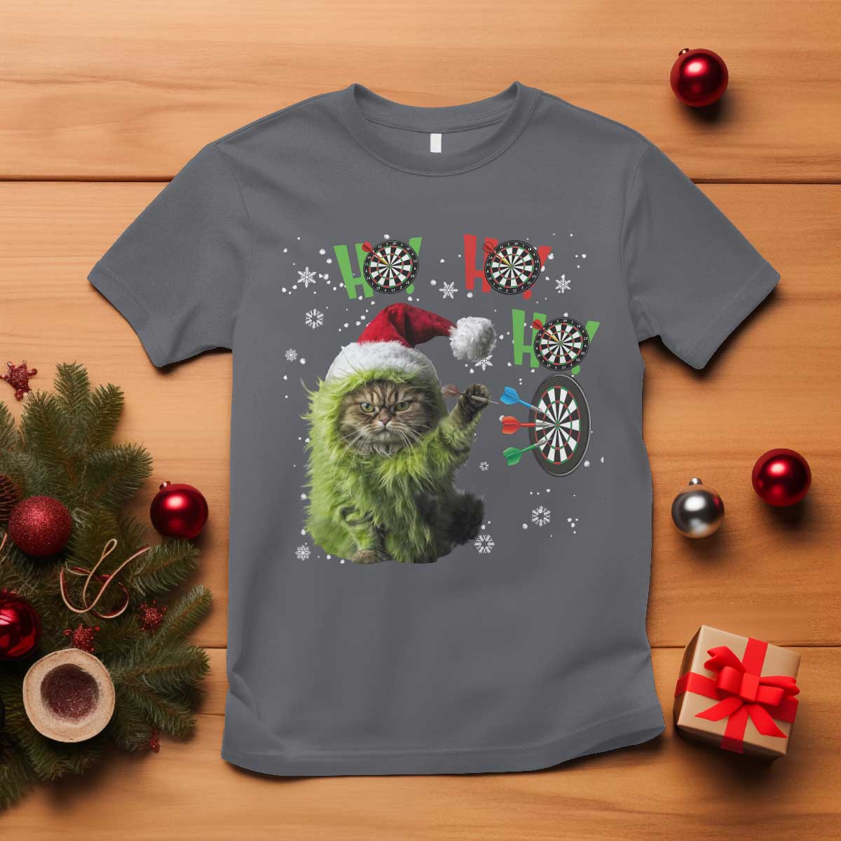 Funny Cat Throwing Dart Ho Ho Ho T Shirt Christmas Gift For Dart Player TS12 Charcoal Print Your Wear