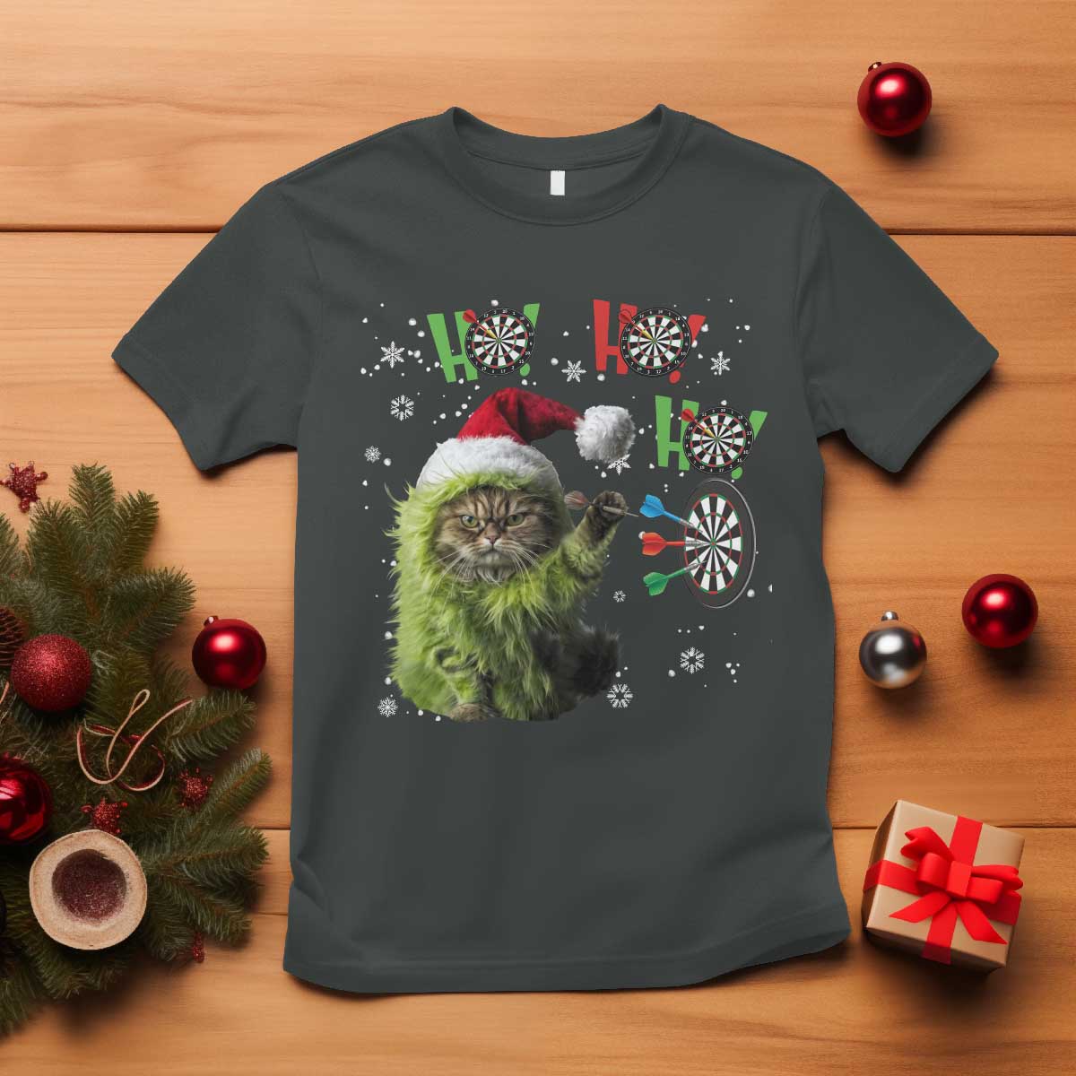 Funny Cat Throwing Dart Ho Ho Ho T Shirt Christmas Gift For Dart Player TS12 Dark Heather Print Your Wear