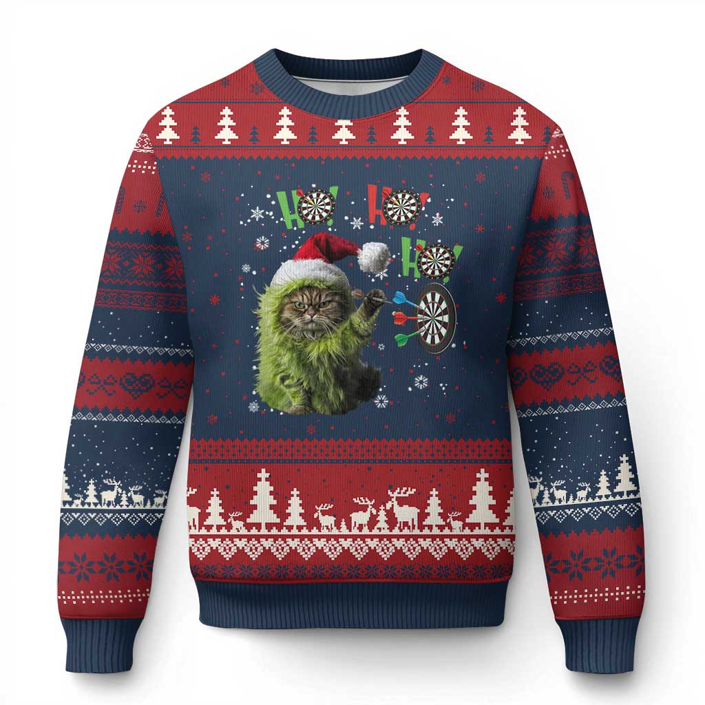 Funny Cat Throwing Dart Ho Ho Ho Ugly Christmas Sweater Xmas Gift For Dart Player TS12 Navy Red Print Your Wear