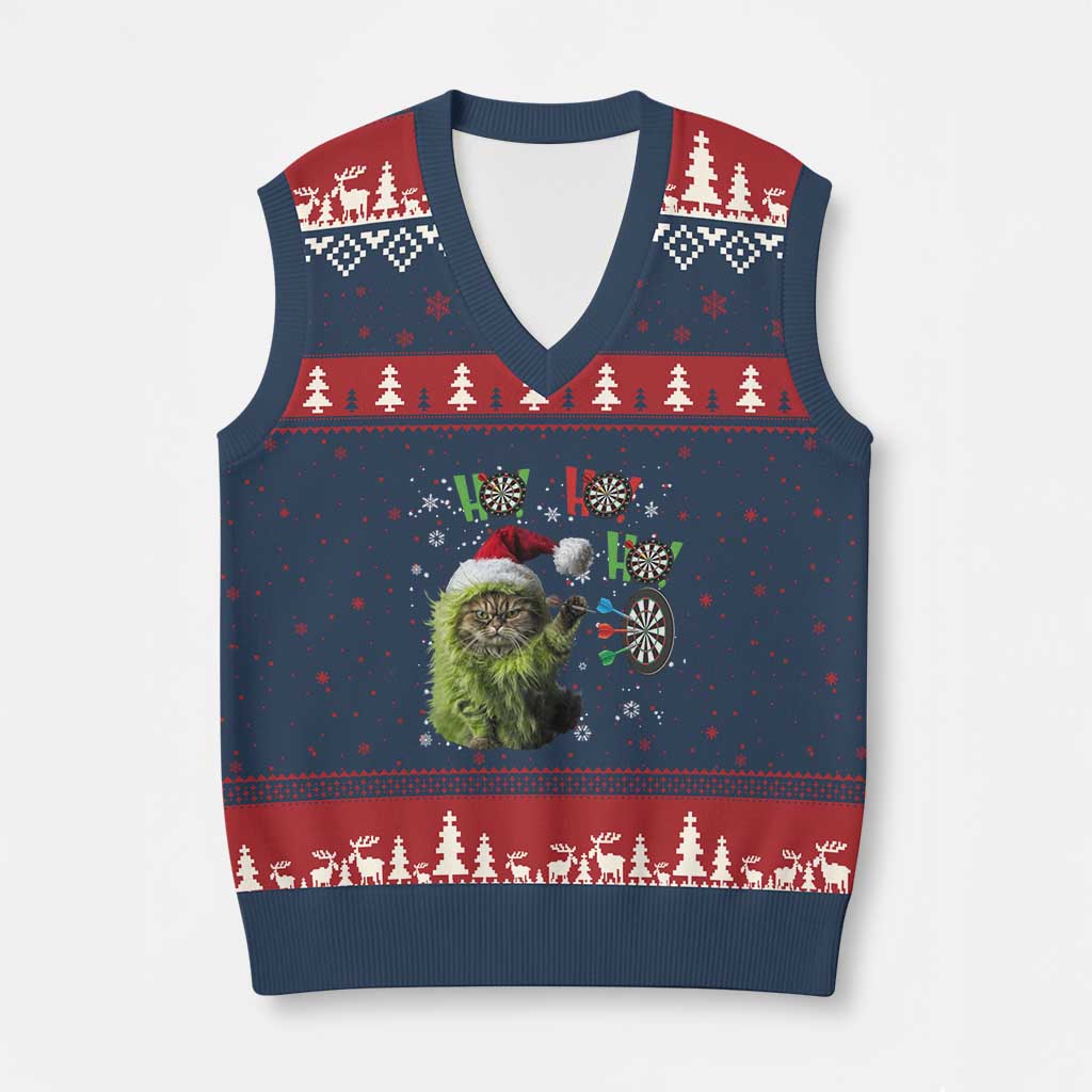 Funny Cat Throwing Dart Ho Ho Ho V-Neck Knit Sweater Vest Xmas Gift For Dart Player TS12 Navy Red Print Your Wear