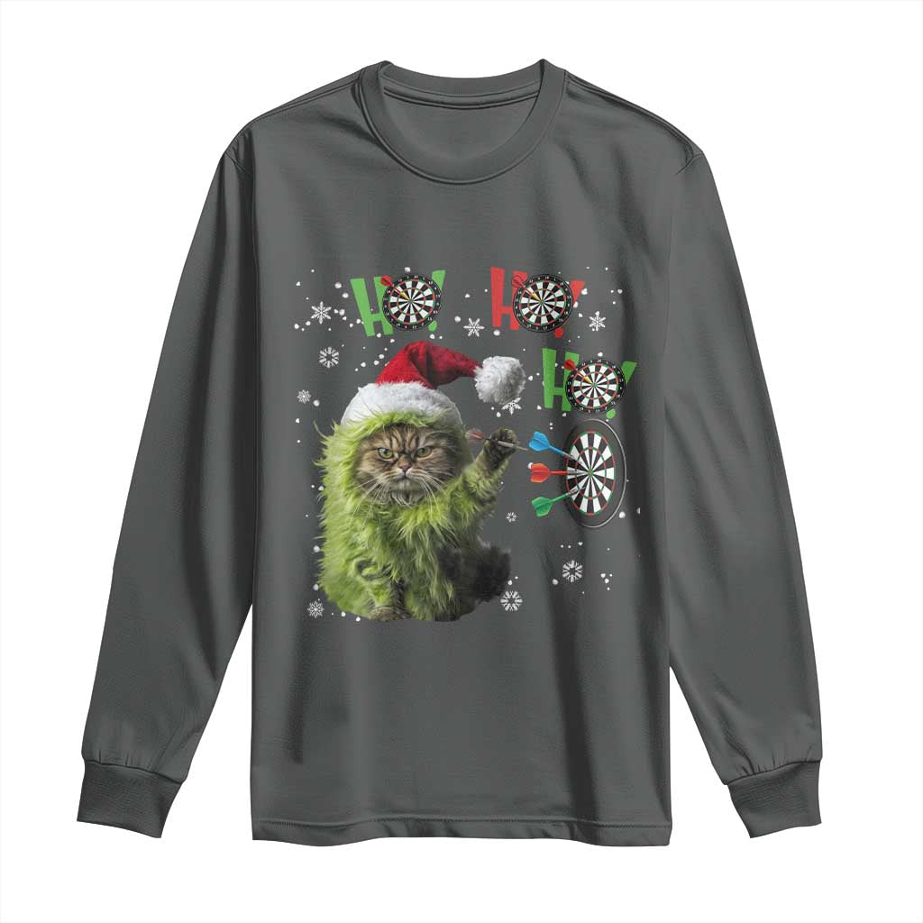 Funny Cat Throwing Dart Ho Ho Ho Long Sleeve Shirt Christmas Gift For Dart Player TS12 Dark Heather Print Your Wear