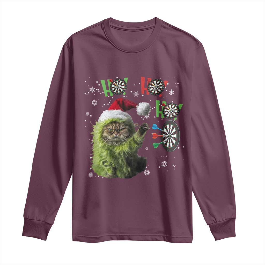 Funny Cat Throwing Dart Ho Ho Ho Long Sleeve Shirt Christmas Gift For Dart Player TS12 Maroon Print Your Wear