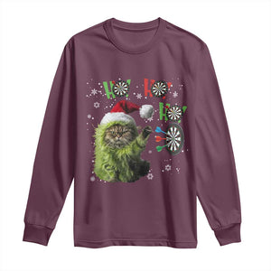 Funny Cat Throwing Dart Ho Ho Ho Long Sleeve Shirt Christmas Gift For Dart Player TS12 Maroon Print Your Wear