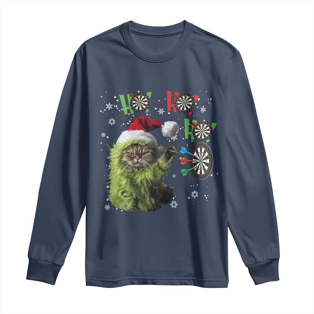 Funny Cat Throwing Dart Ho Ho Ho Long Sleeve Shirt Christmas Gift For Dart Player TS12 Navy Print Your Wear