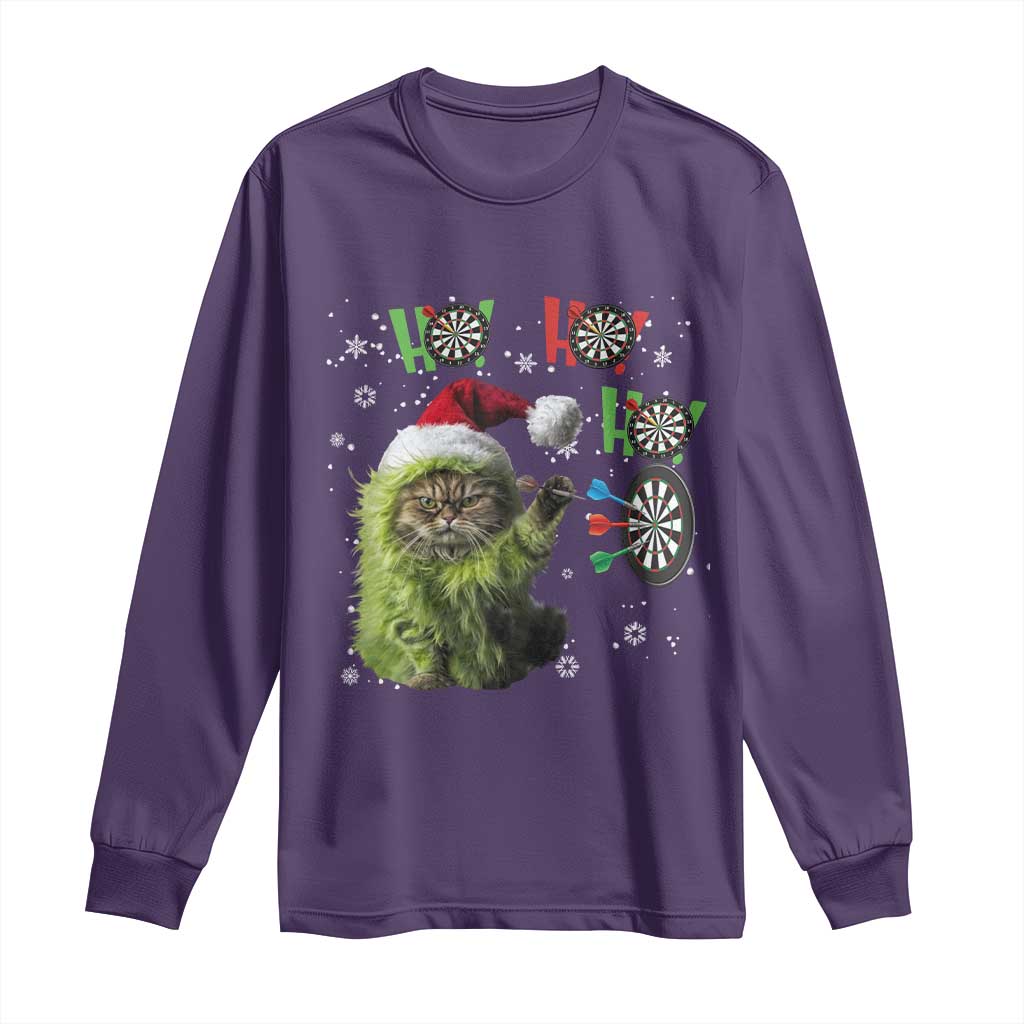 Funny Cat Throwing Dart Ho Ho Ho Long Sleeve Shirt Christmas Gift For Dart Player TS12 Purple Print Your Wear