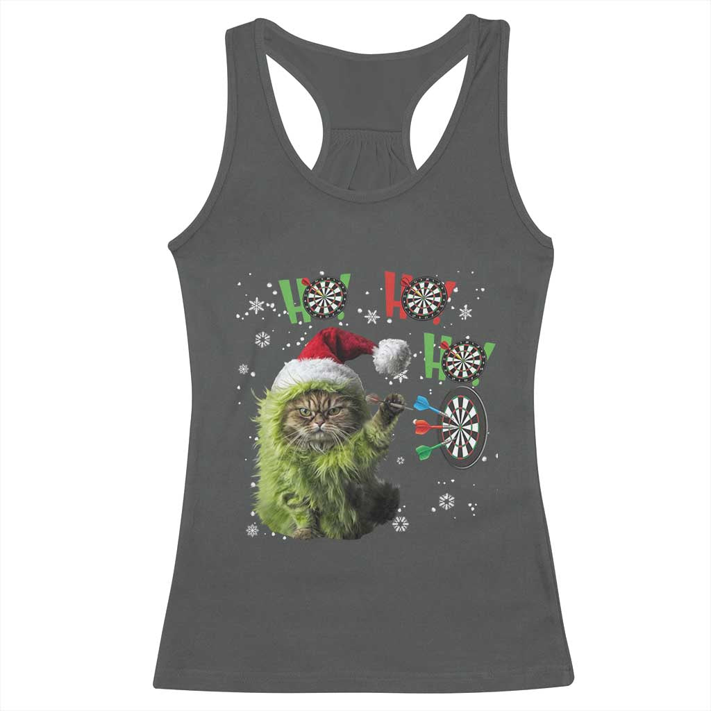 Funny Cat Throwing Dart Ho Ho Ho Racerback Tank Top Christmas Gift For Dart Player TS12 Dark Heather Print Your Wear