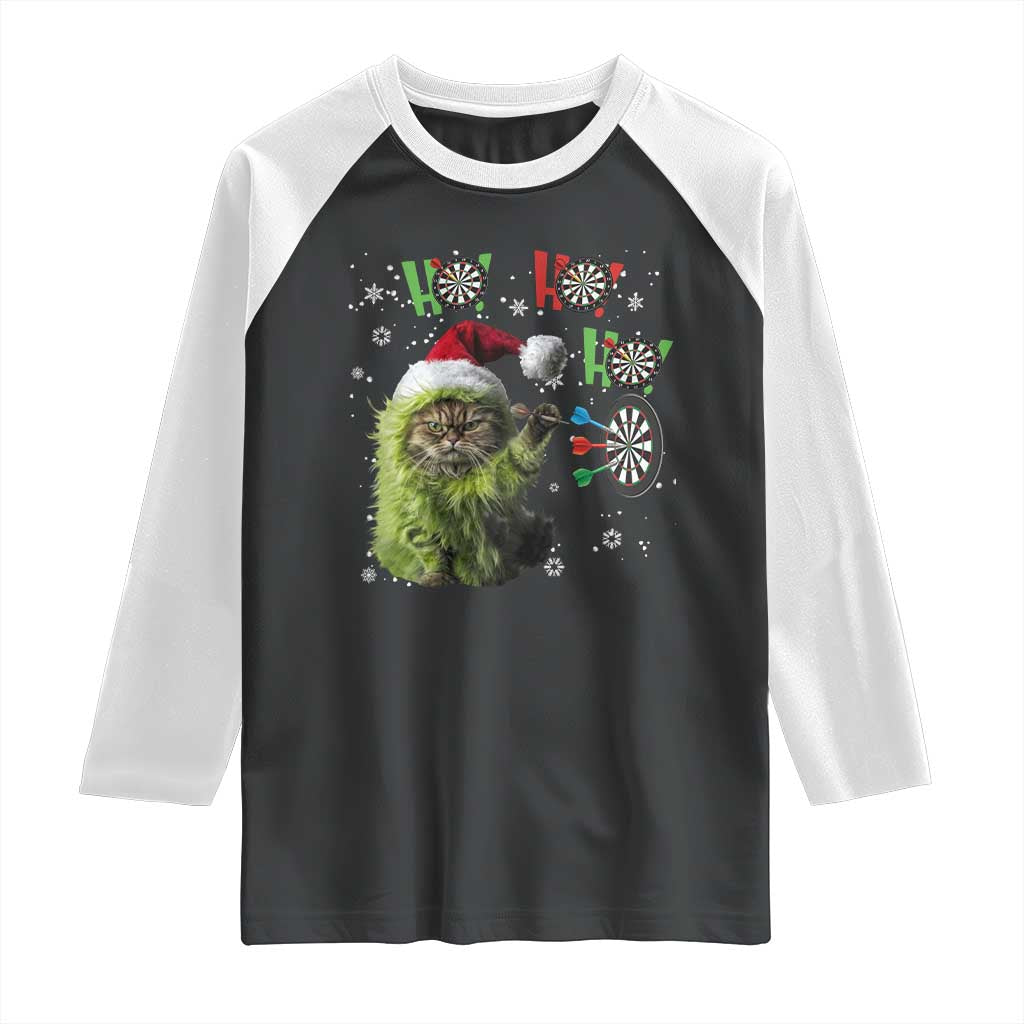 Funny Cat Throwing Dart Ho Ho Ho Raglan Shirt Christmas Gift For Dart Player TS12 Black White Print Your Wear