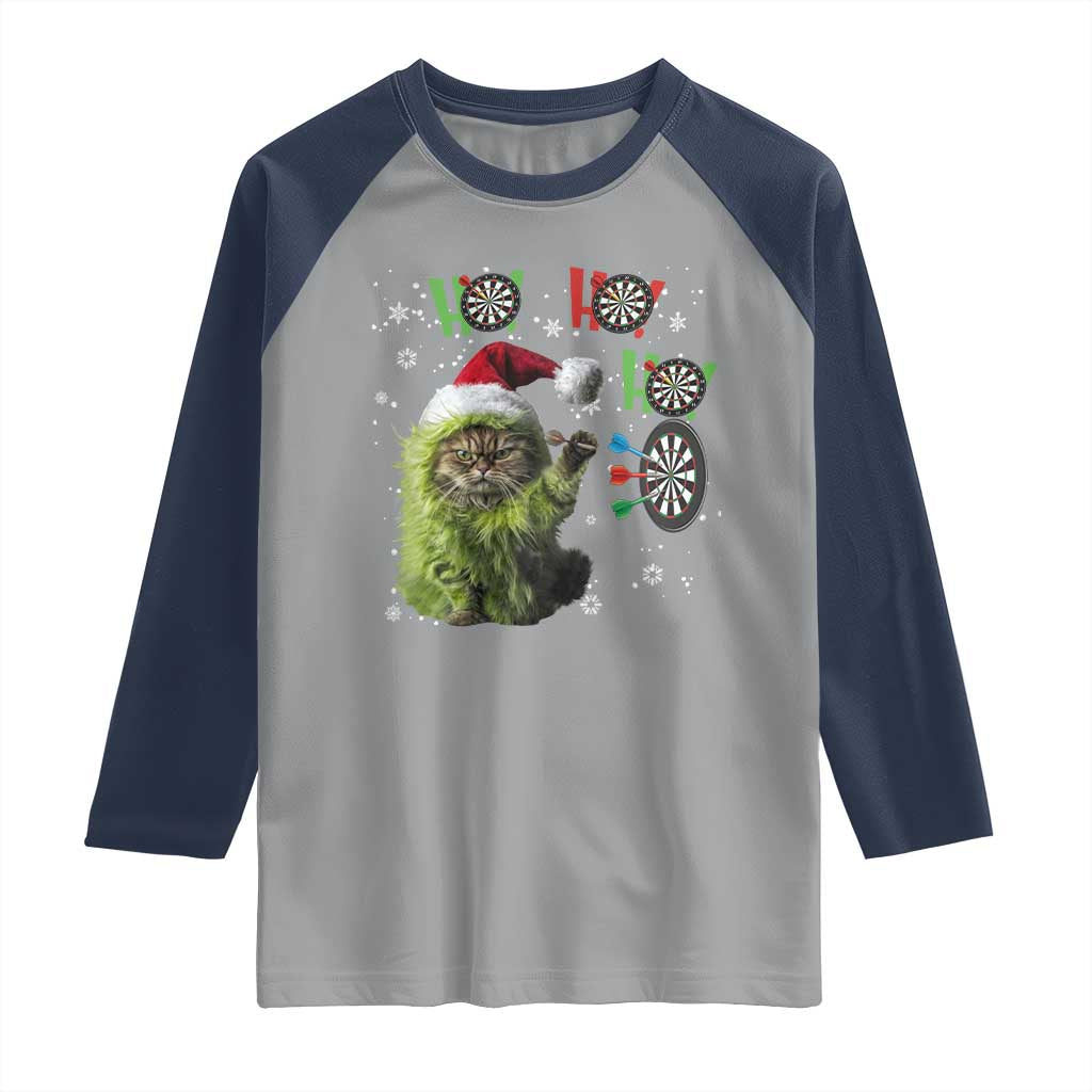 Funny Cat Throwing Dart Ho Ho Ho Raglan Shirt Christmas Gift For Dart Player TS12 Sport Gray Navy Print Your Wear