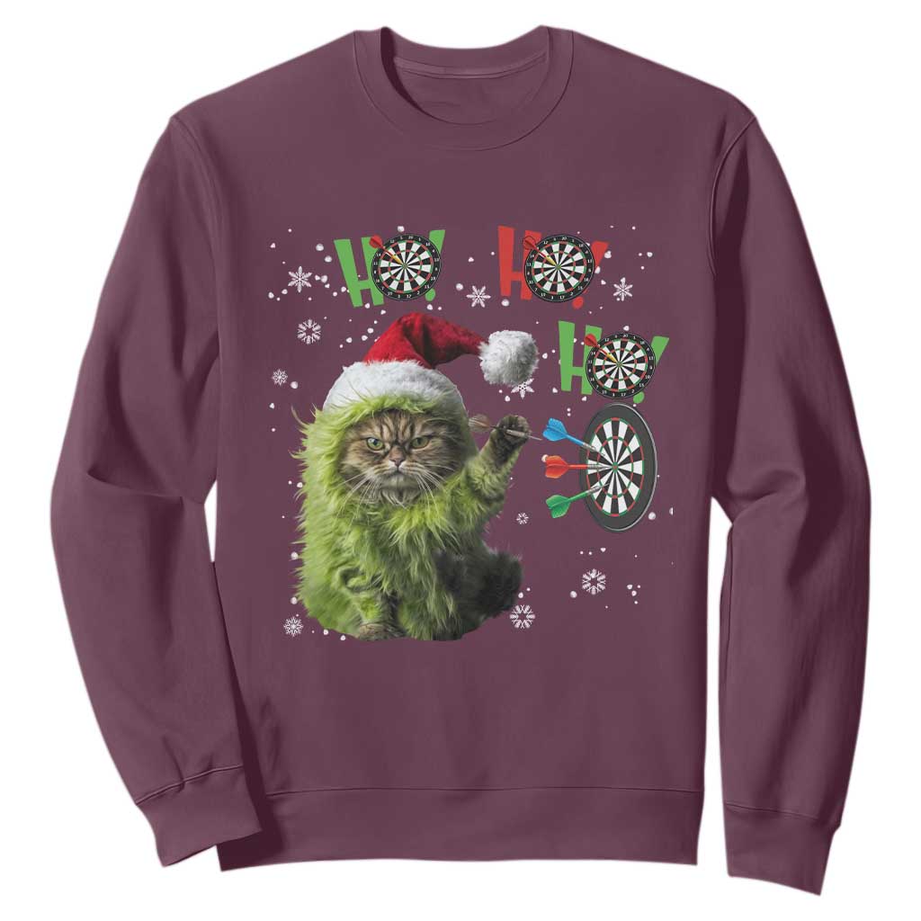 Funny Cat Throwing Dart Ho Ho Ho Sweatshirt Christmas Gift For Dart Player TS12 Maroon Print Your Wear