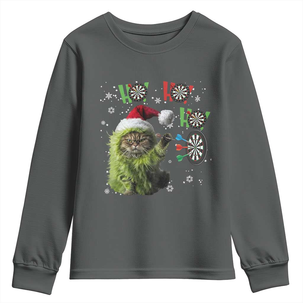 Funny Cat Throwing Dart Ho Ho Ho Youth Sweatshirt Christmas Gift For Dart Player TS12 Dark Heather Print Your Wear