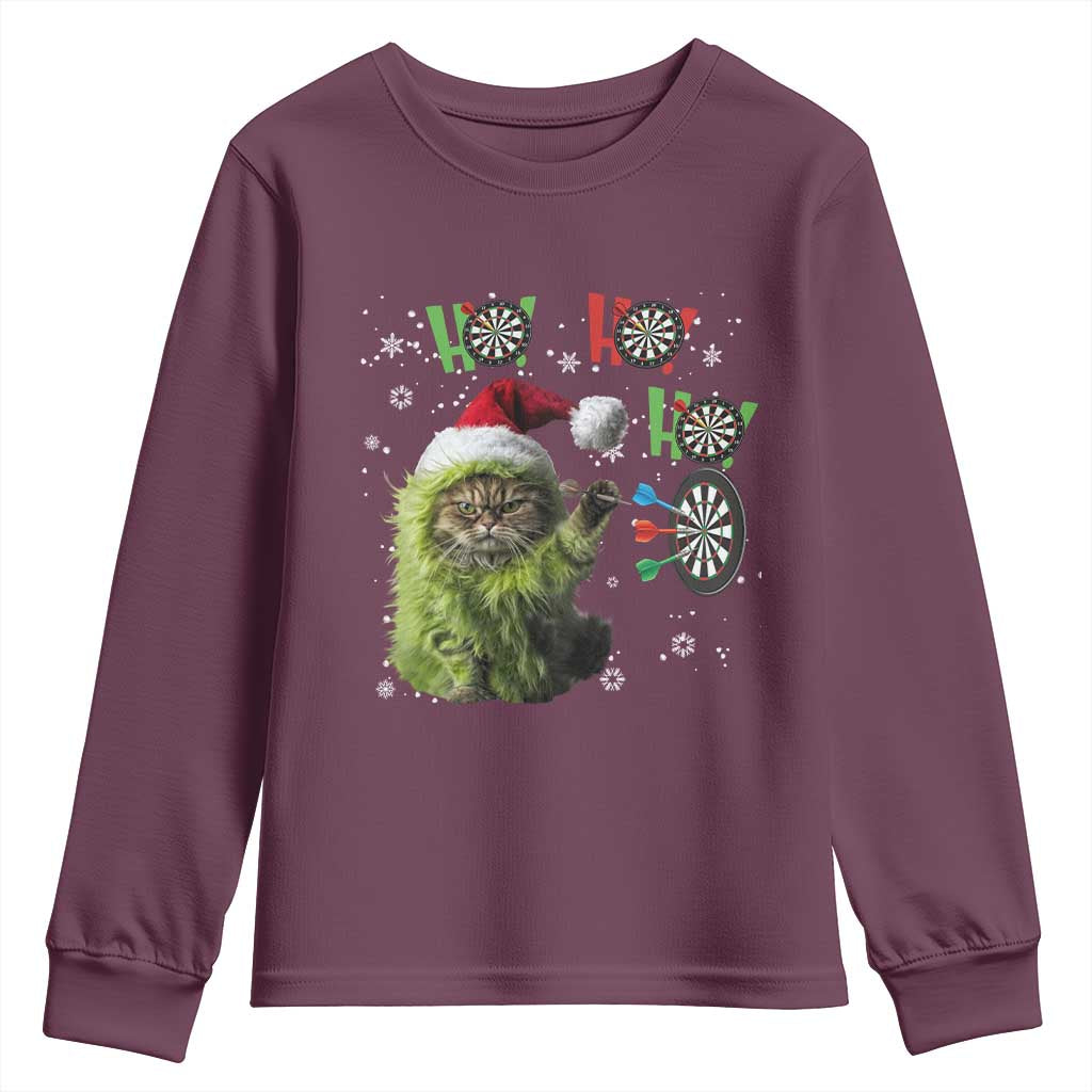 Funny Cat Throwing Dart Ho Ho Ho Youth Sweatshirt Christmas Gift For Dart Player TS12 Maroon Print Your Wear