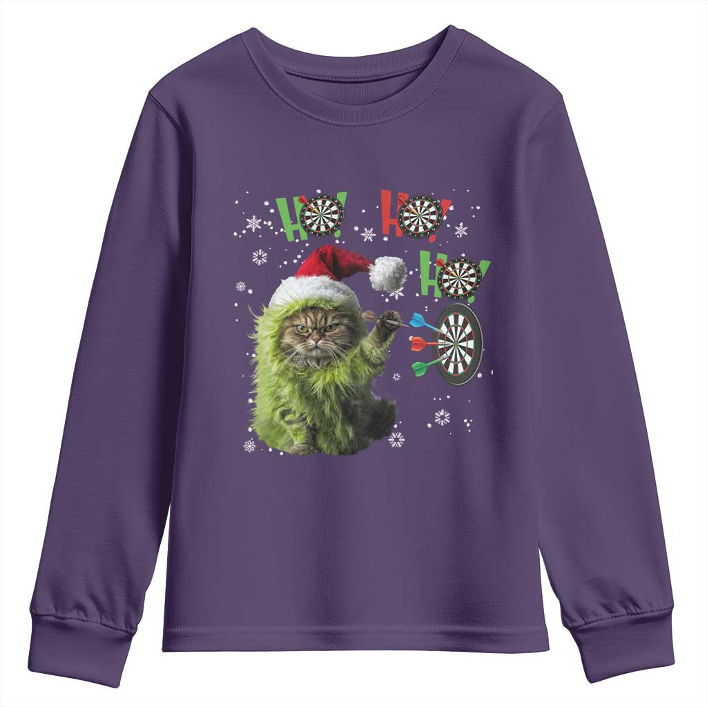 Funny Cat Throwing Dart Ho Ho Ho Youth Sweatshirt Christmas Gift For Dart Player TS12 Purple Print Your Wear