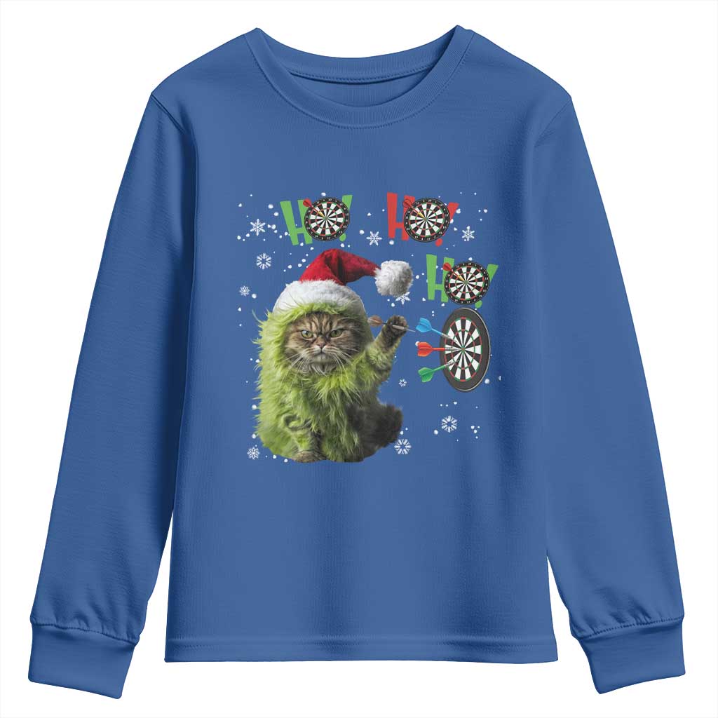 Funny Cat Throwing Dart Ho Ho Ho Youth Sweatshirt Christmas Gift For Dart Player TS12 Royal Blue Print Your Wear