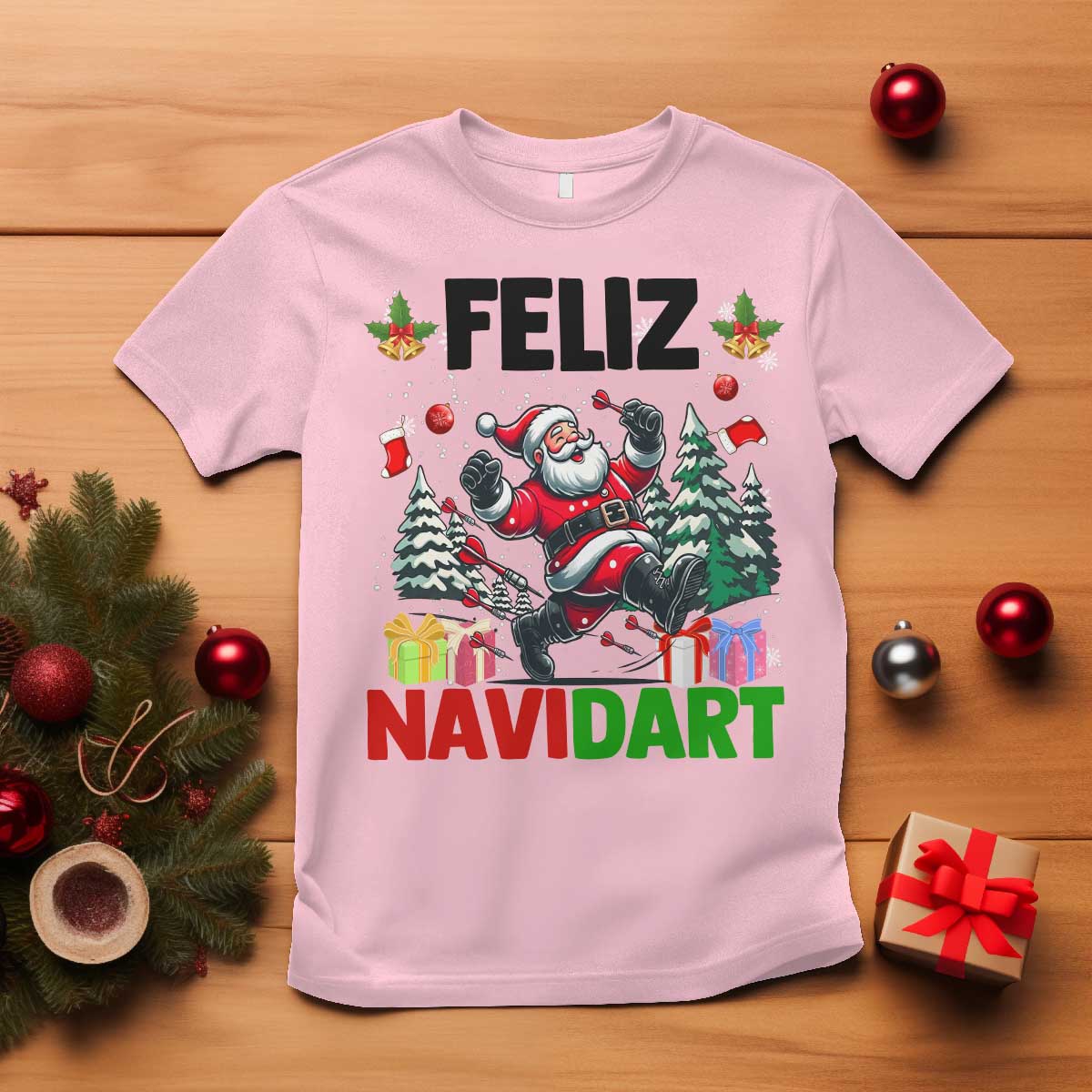 Dartist Feliz Navidart T Shirt Funny Santa Running From Darts Christmas Gift TS12 Light Pink Print Your Wear