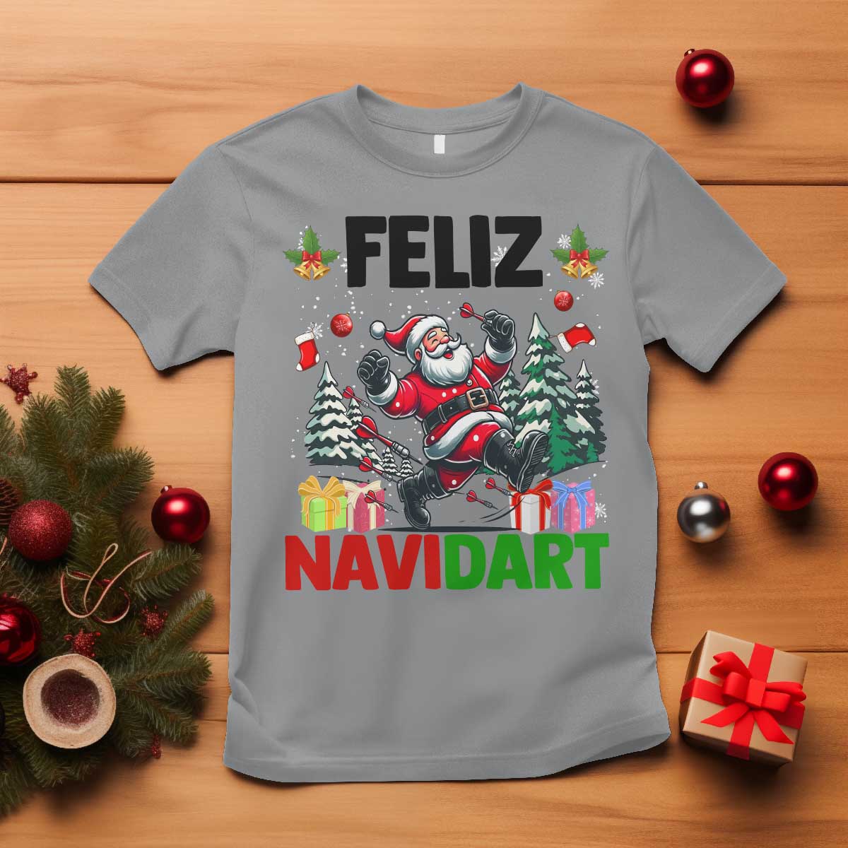 Dartist Feliz Navidart T Shirt Funny Santa Running From Darts Christmas Gift TS12 Sport Gray Print Your Wear