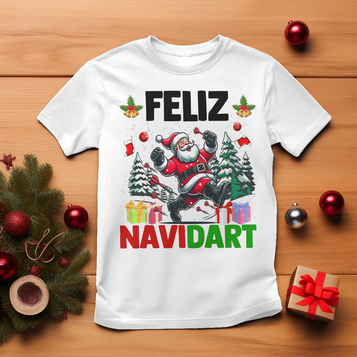 Dartist Feliz Navidart T Shirt Funny Santa Running From Darts Christmas Gift TS12 White Print Your Wear