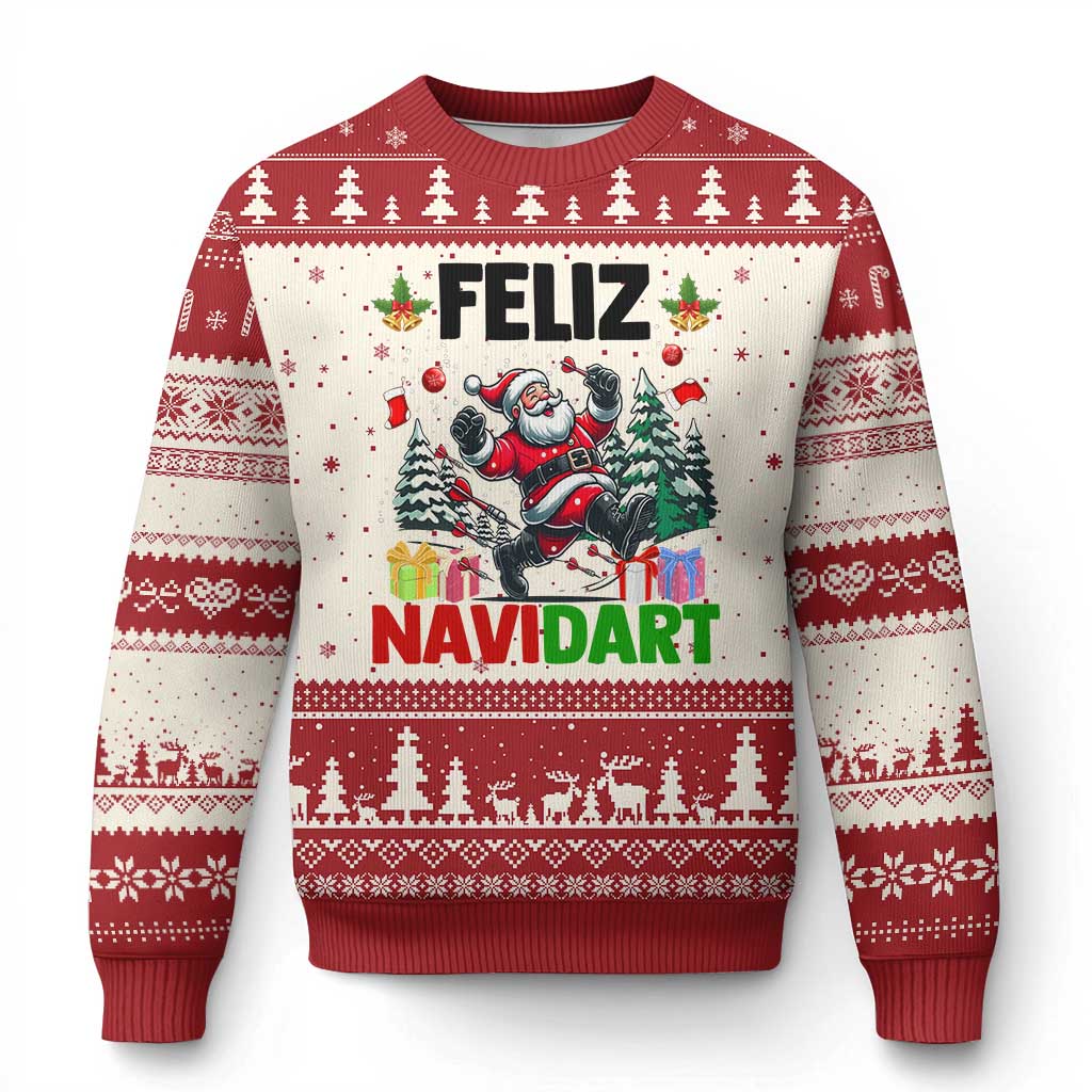 Dartist Feliz Navidart Ugly Christmas Sweater Funny Santa Running From Darts Xmas Gift TS12 Beige Red Print Your Wear