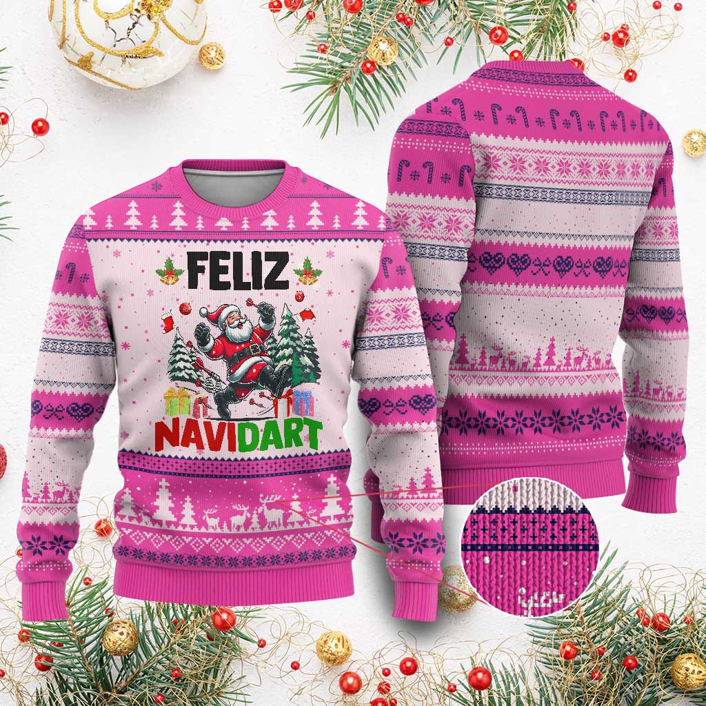 Dartist Feliz Navidart Ugly Christmas Sweater Funny Santa Running From Darts Xmas Gift TS12 Hot Pink Print Your Wear